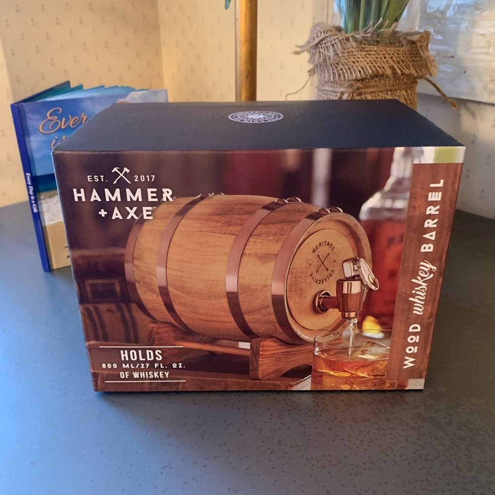 Hammer and Axe, NEW WITH TAGS, Wood whiskey barrel with spigot. BROWN wood color